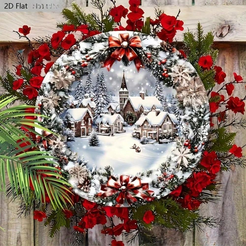 Winter Village Aluminum Sign 2D Flat Christmas Plaque Snowy Town Design Door Wall Holiday Decor