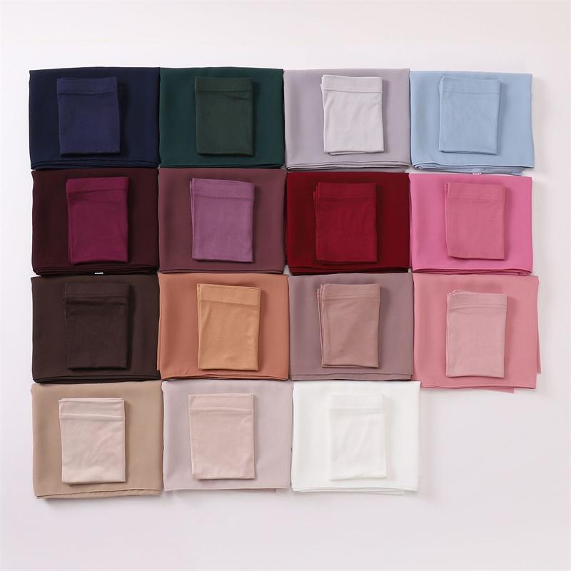 Muslim Chiffon Hijab Scarf for Women Long Solid Color Head Wrap with Muslim Turban Hat Ladies Muslim Veil Jersey Hijabs Scarves