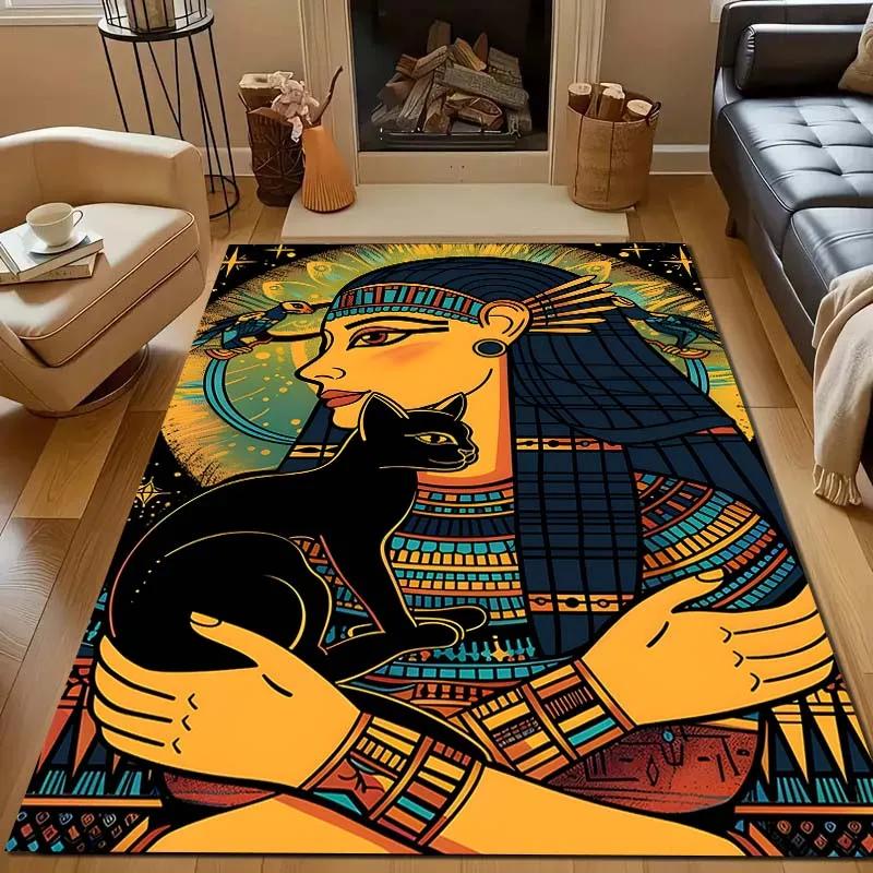 Ägyptische Mythologie Schwarze Katze Teppich für Wohnzimmer Heimdeko Rutschfeste Bodenmatte für Schlafzimmer Große Flächenteppiche Waschbare Teppiche