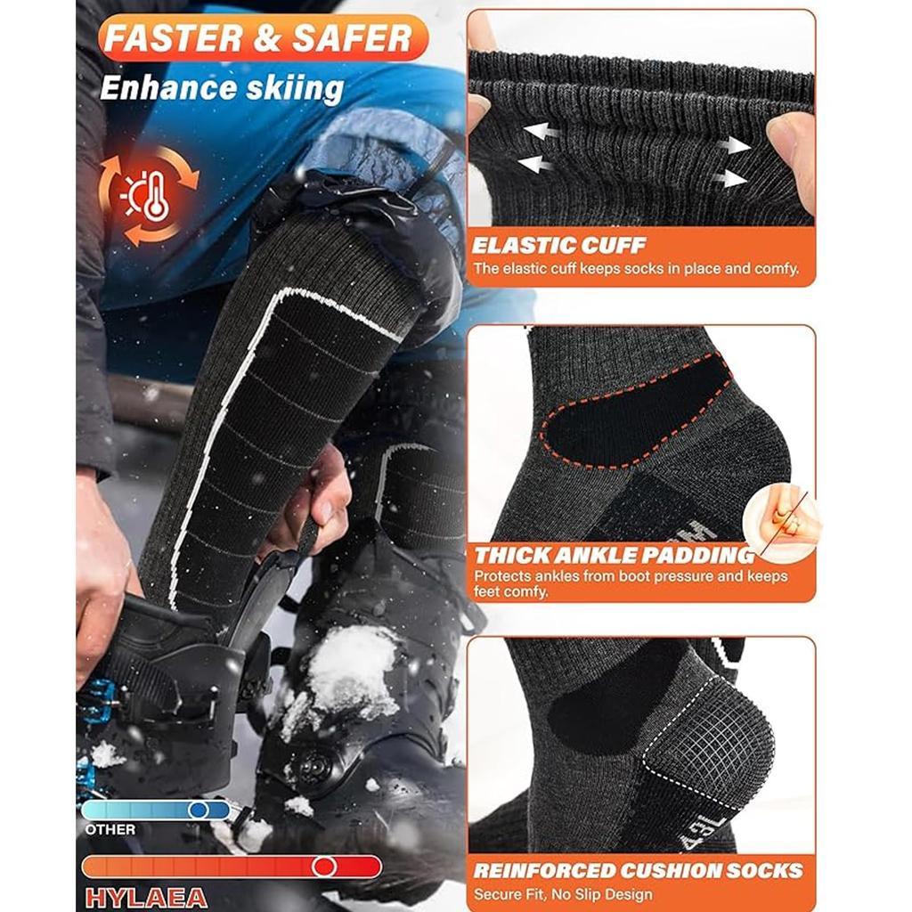 YUEDGE Merinowolle Ski Wintersocken Warm Dick für Snowboarding und Größen Set von 2 Herrensocken, Kniehoch Skifahren, Unisex, 25-28,5cm,