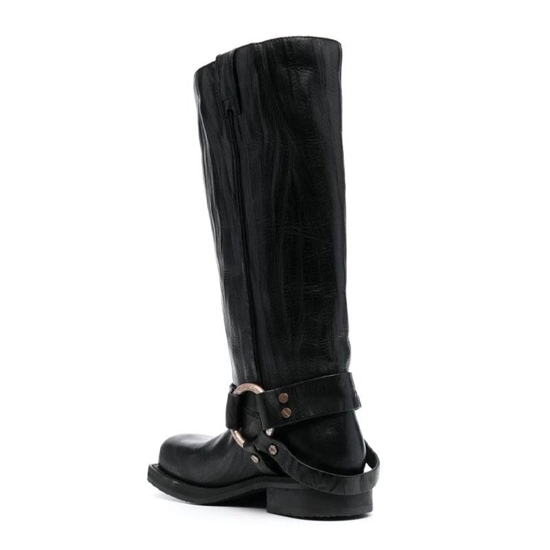 Fashion Blue Denim Riveted Women Motorcycle Boots Belt Buckle Design 3.5cm Thick Heel Knight Knee High Boots European American Style 44