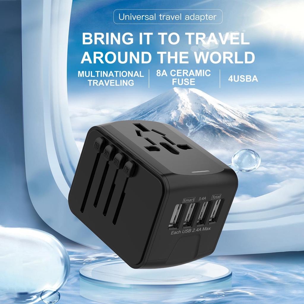 Universal Travel Adapter with 4 USB Ports - Multi-Country Socket Charger for UK, AU, US, EU