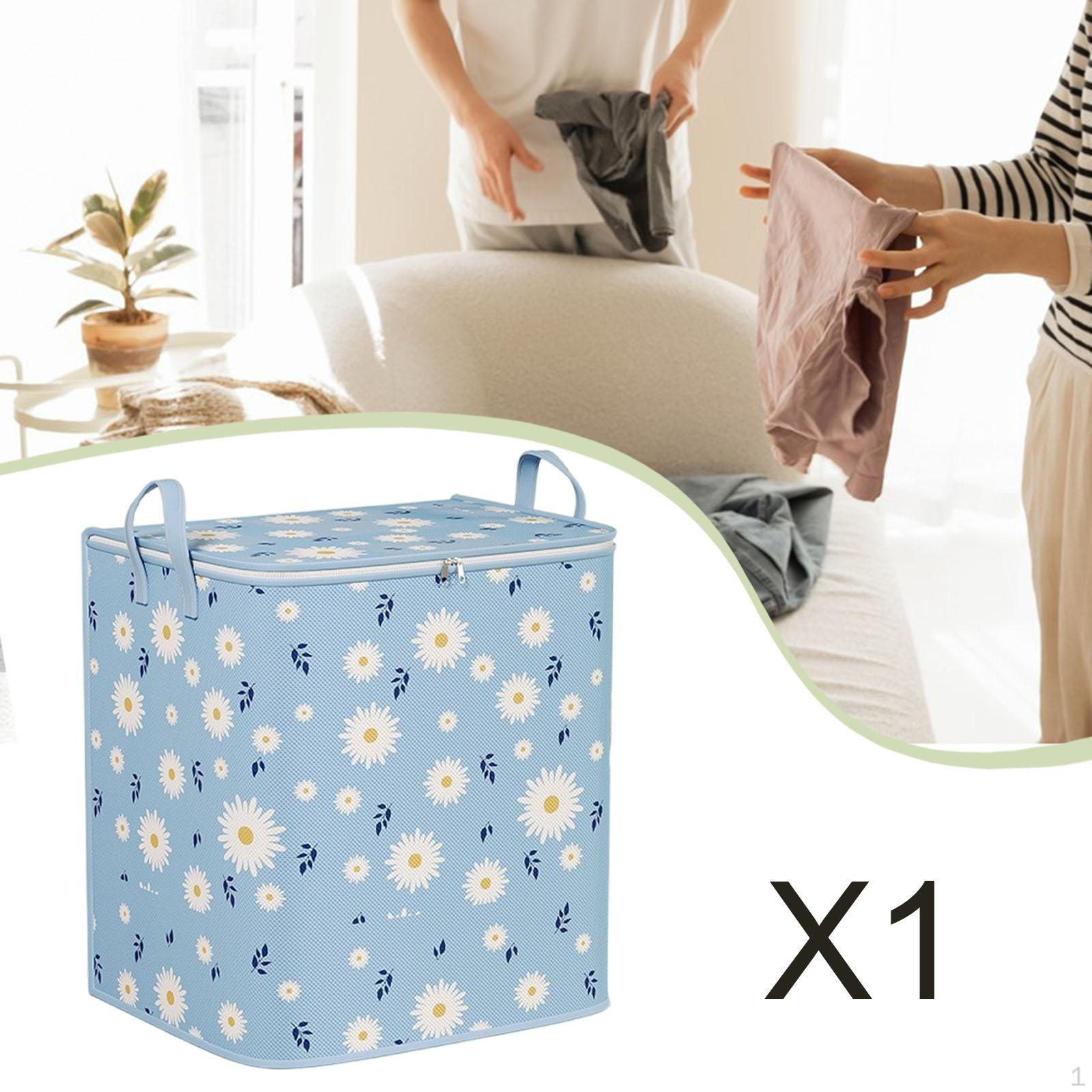 

100L Clothing Storage Bag with Lid, Reinforced Handles, Tote Bag, Moving Box, Dorm Storage, blue daisy
