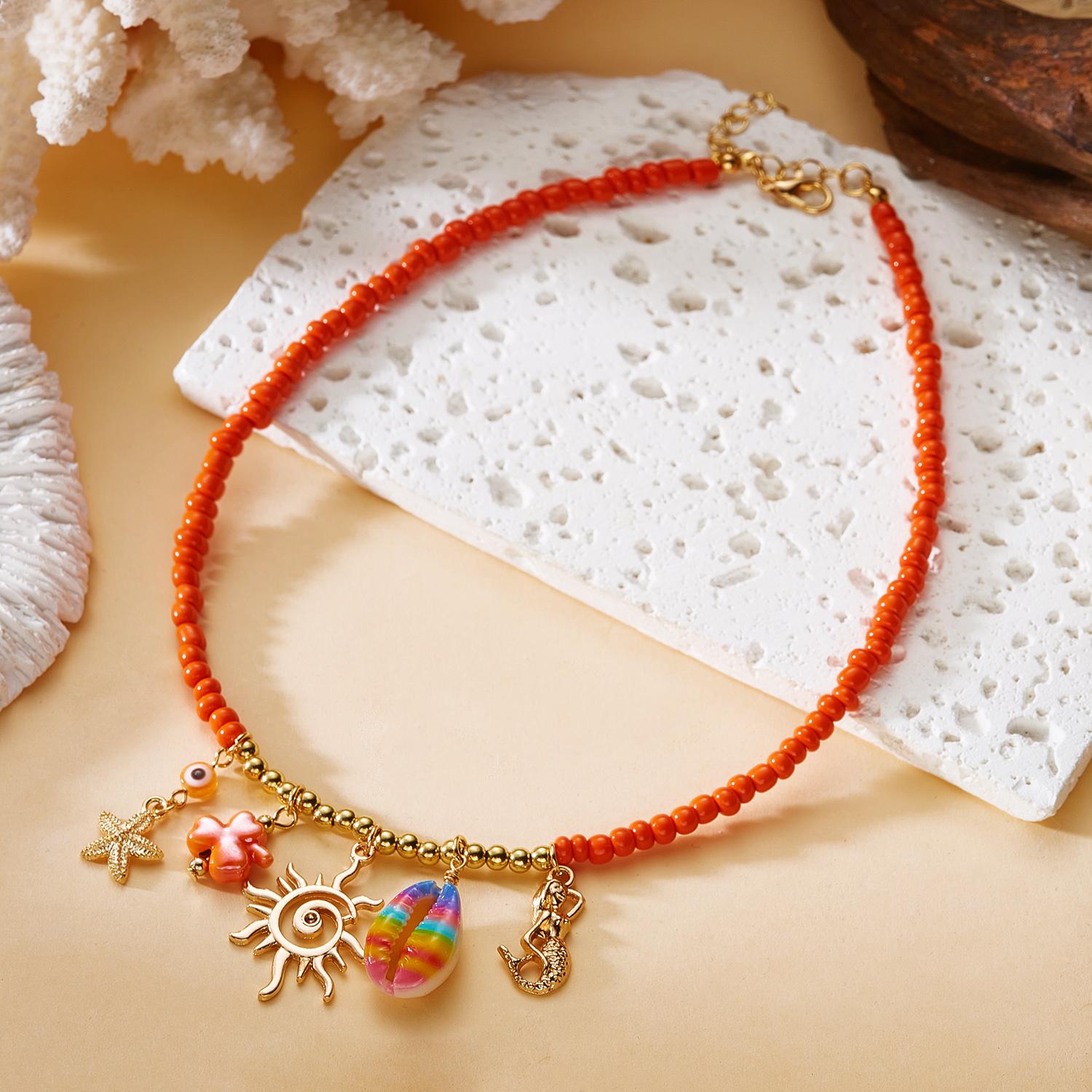 

Coral Shell Starfish Sun Rice Bead Pendant Necklace for Women Boho Choker Chain Creative Jewelry Fashion Beach Vacation Gift