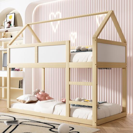 Bunk Children Bed, 90 x 200 cm, Low Bunk Single Bed, Loft Bed with Stairs, Solid Wood Frame, Wood Color