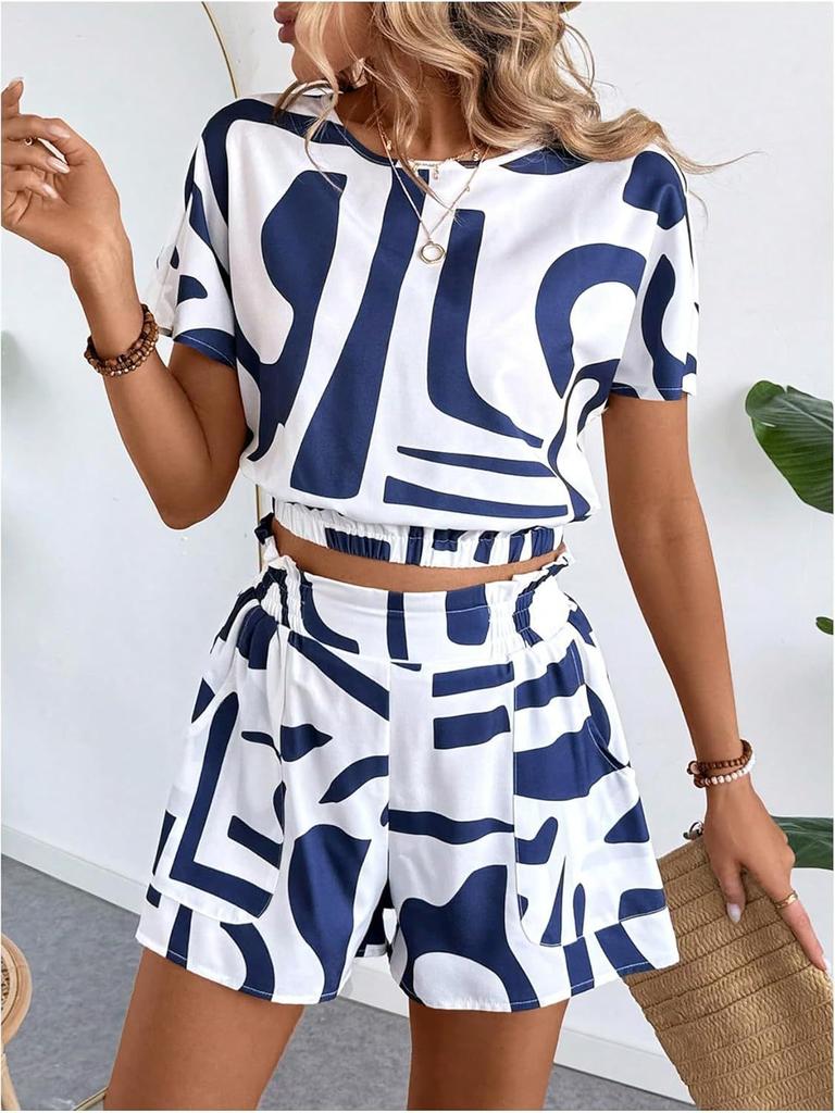 2025 European and American Cross-border Amazon Summer New Fashion Printing Set Loose Casual Shirt Shorts Two-piece Set