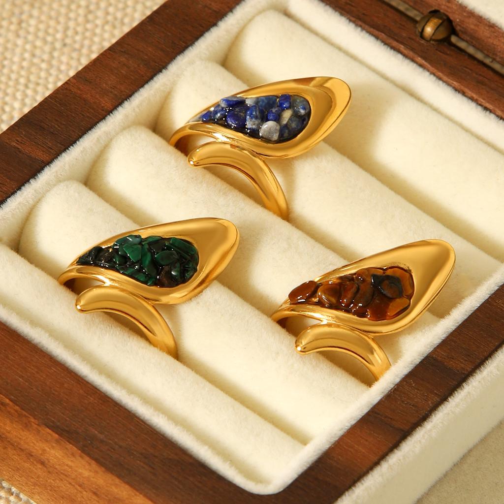 Natural Stone Ring for Women, 18K Gold Stainless Steel Ring, Non-fading Hand Jewelry, Ins Style Versatile Vintage Ring