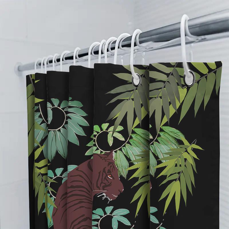Modern Bathroom Decor Shower Curtain with Jungle Tiger Print Green Leaves Pattern for Home Decoration In Bathrooms
