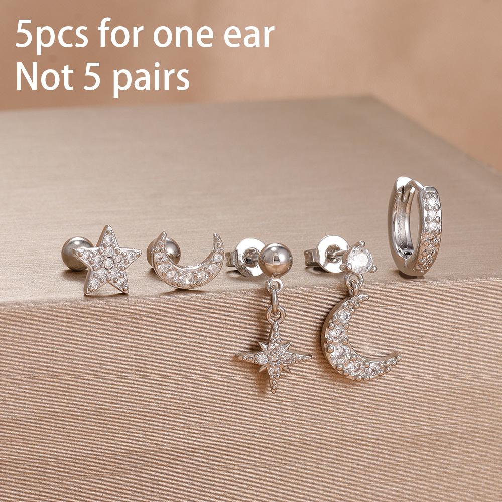 5PCS Stainless Steel Star Moon Minimal Hoop Earrings Set Small Helix Tragus Cartilage Huggie Piercing Earring Women's Jewelry