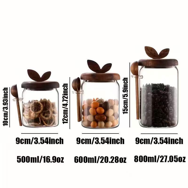 Home Kitchen Transparent Glass Sealed Jar With Spoon Leaf Wooden Lid Coffee Bean Moisture Proof Spice Storage Container