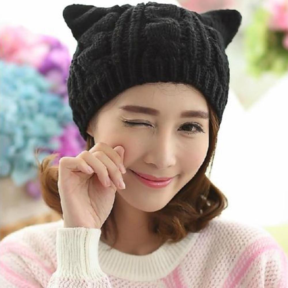 Women Knitted Hats Autumn Winter Trendy Solid Color Cute Cat Ears Cable Knit Beanie Hats