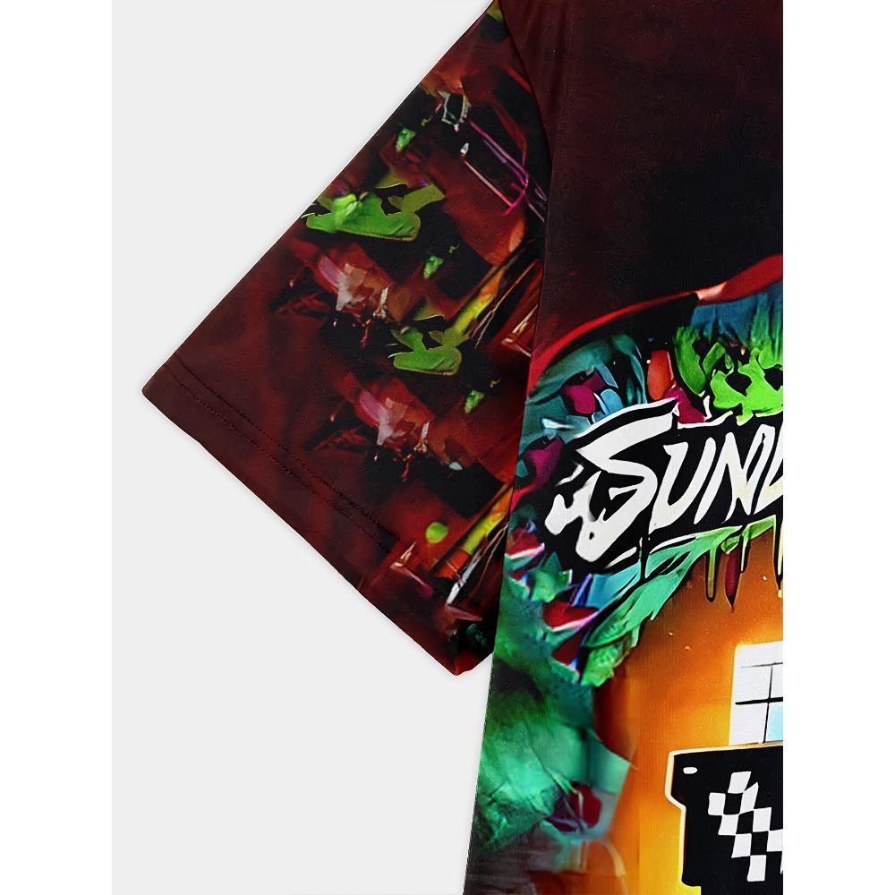 T-shirt z wzorem pikselowego robota - Nadruk cyfrowy 3D na całe ciało, Wzór gry, Oddychający letni top z krótkim rękawem do noszenia na co dzień