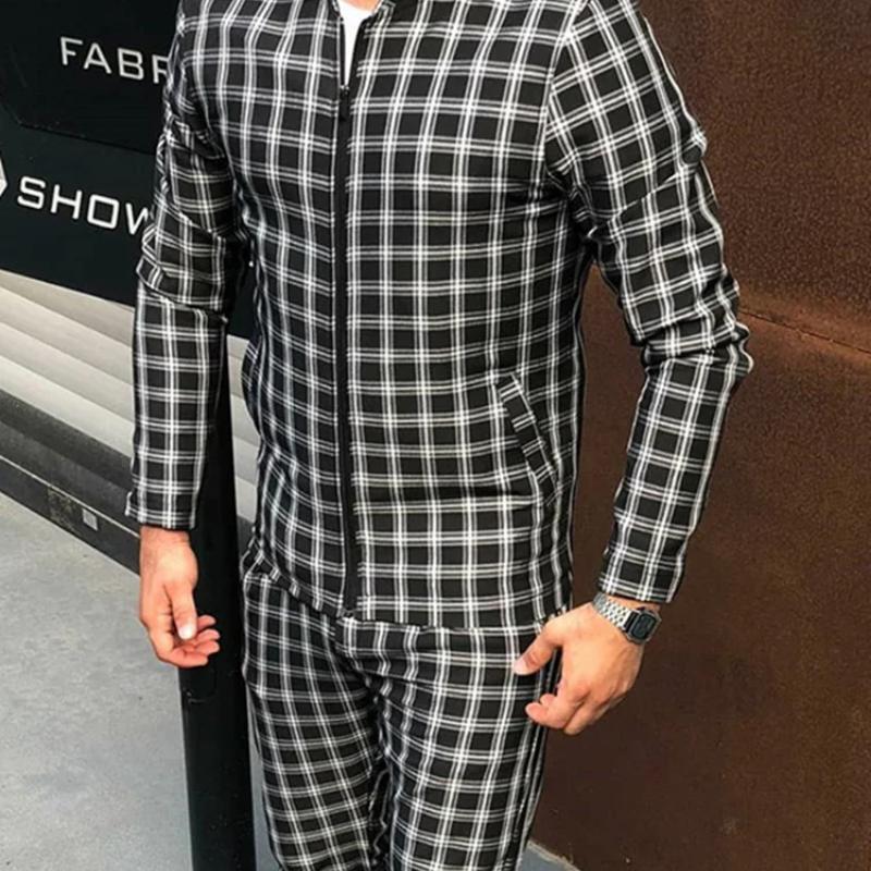 European American Men's Casual Sportswear Autumn New Stand-Up Collar Zip Cardigan Jacket+Fashion Trousers Grid Suits