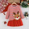 Girls Christmas Long Sleeve Dress Red and White Striped Reindeer Three-dimensional Decoration Stitching Dress