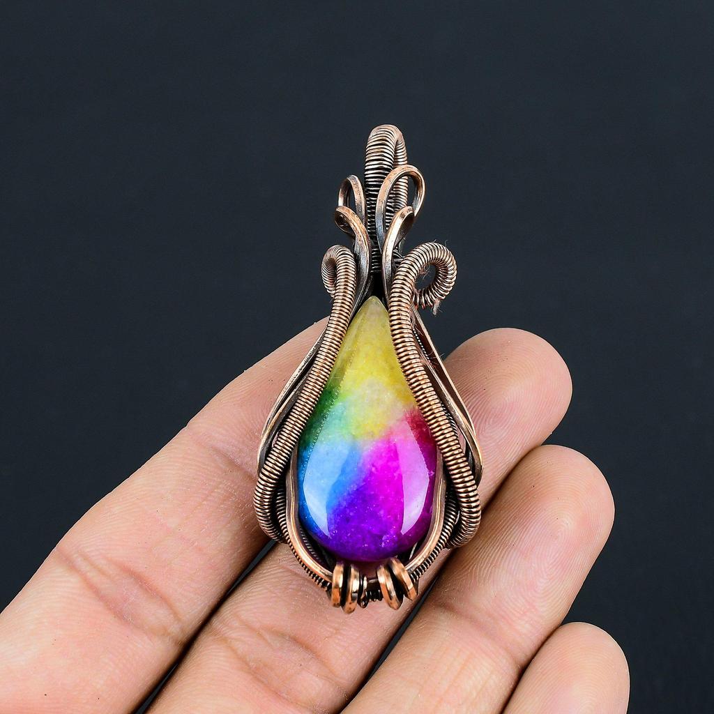 Funkelnder Regenbogen Solarquarz Edelstein Handgefertigter Kupferdraht Wickel Schmuck Anhänger Zum Geschenk