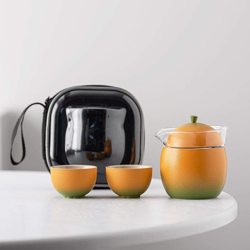 Lime travel tea set, one pot and two cups, Kuaike portable high-end business ceramic tea set, tea cup gift box, gift.