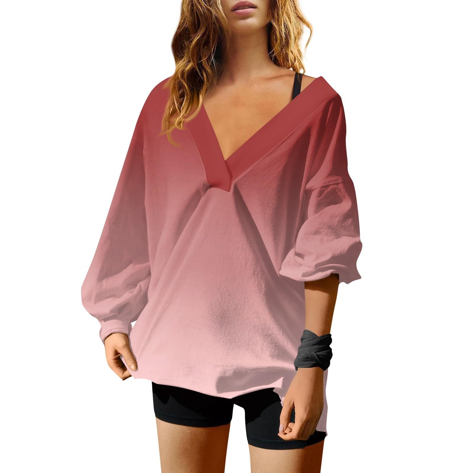 

Женская мода градиентный цвет V-образный вырез длинный рукав свободный пуловер свитшот топ M винный