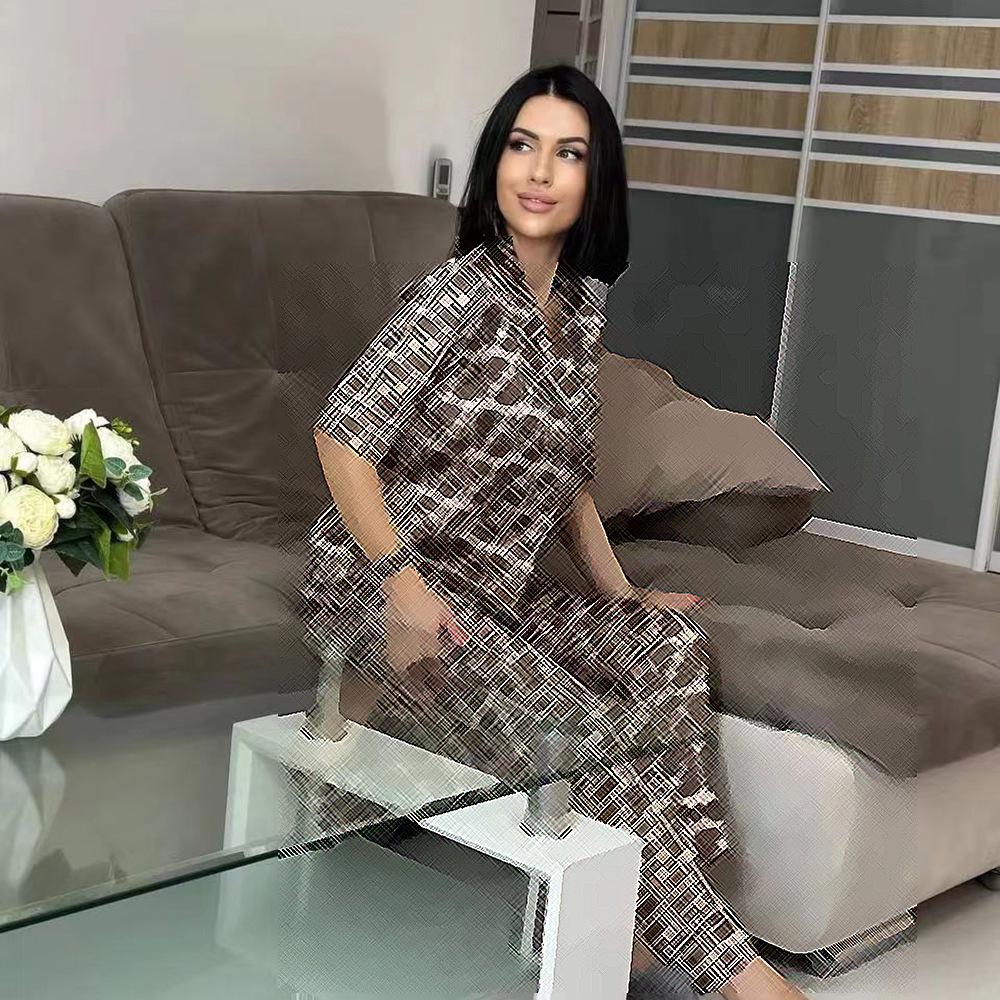 

Европейский и американский женский пижамный комплект из ледяного шелка - Топ с коротким рукавом, длинные брюки и резинка для волос S верблюд