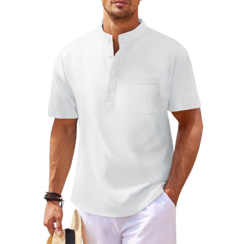 Мужская вафельная рубашка-henley с коротким рукавом, воротником-стойкой и нагрудным карманом S белый