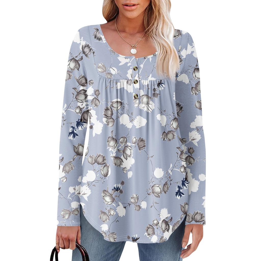 Women's Long Sleeve Tunic Loose Tops Casual Oversized Tops Pleated Tunic Button Down Casual Women's Print Tops