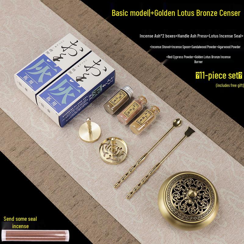 Kodo Set: Brass Ash Press Incense Burner & Pure Incense Powder with Dazuan Seal Mold for Home Use