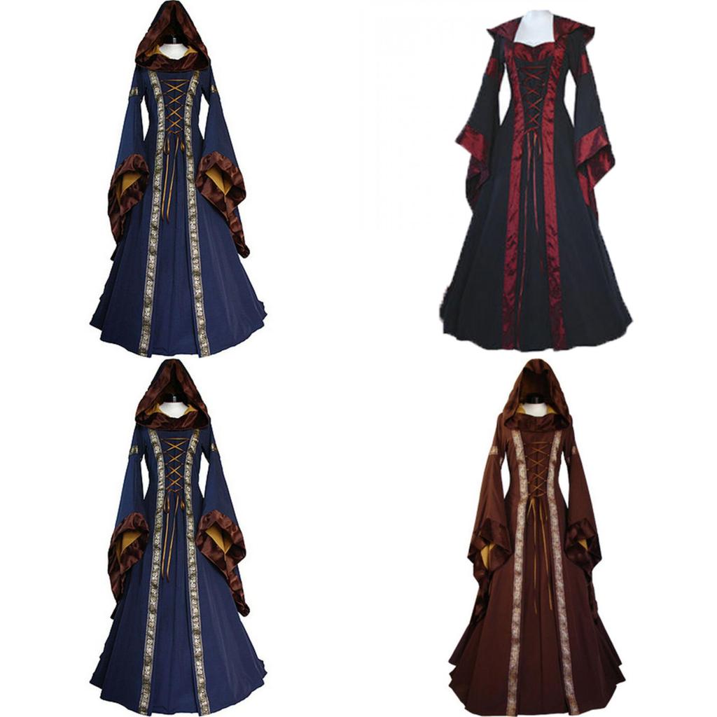 Women's Vintage Gothic Medieval Dress Costume Retro Hooded Victorian Renaissance Dress
