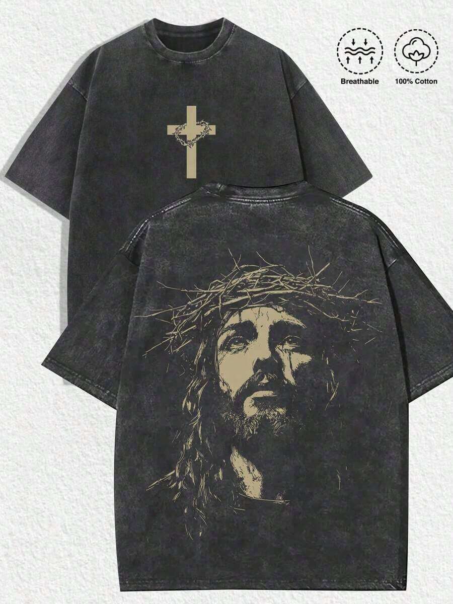 

Mens Religious Graphic Tee Jesus Crown of Thorns Oversized Cotton TShirt Casual Streetwear S