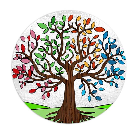 

Round Stained Glass Style Window Hangings 5.9 Inch Colorful Sun Catcher with Chain for Indoor Outdoor Decor Light Reflection Artistic Gift 15x15cm D