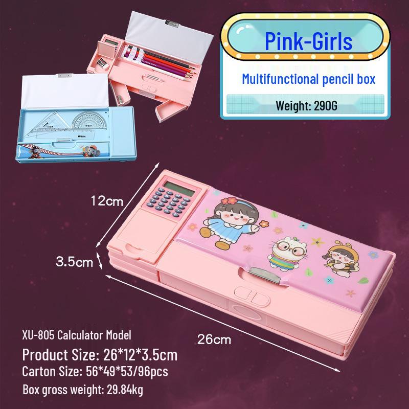 Multi-Function Magnetic Pencil Case with Calculator & Cartoon Design