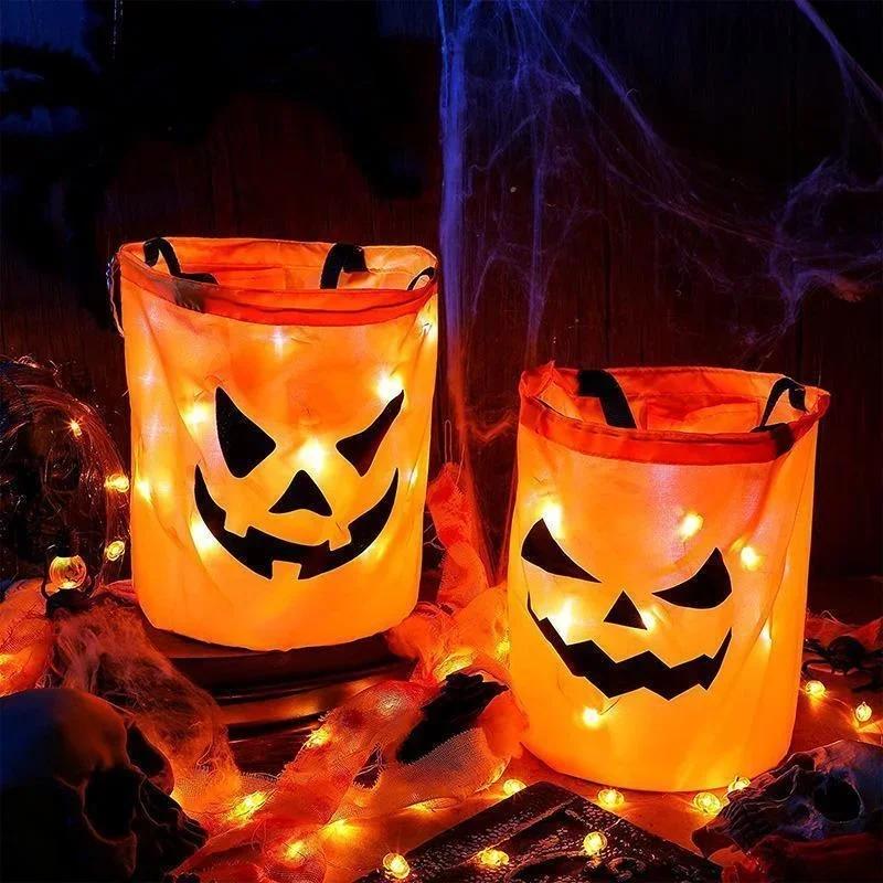LED Light Halloween Trick or Treat kyblík Dýňové cukroví sáčky Skládací halloweenský koš na večírek díkůvzdání Dárkový koš