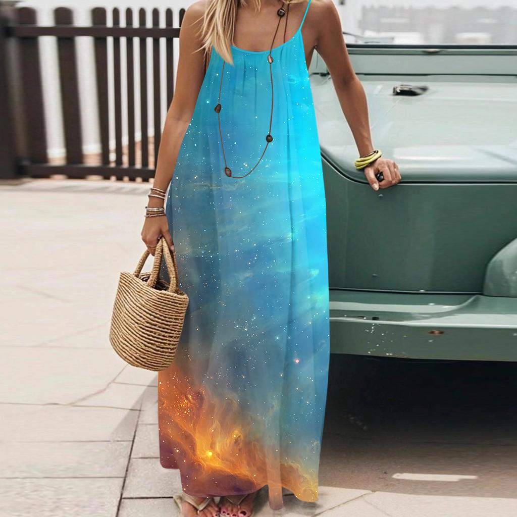 Dámské Módní Ležérní Volné Šaty s Květinovým Potiskem a Úzkými Ramínky Bez Zad