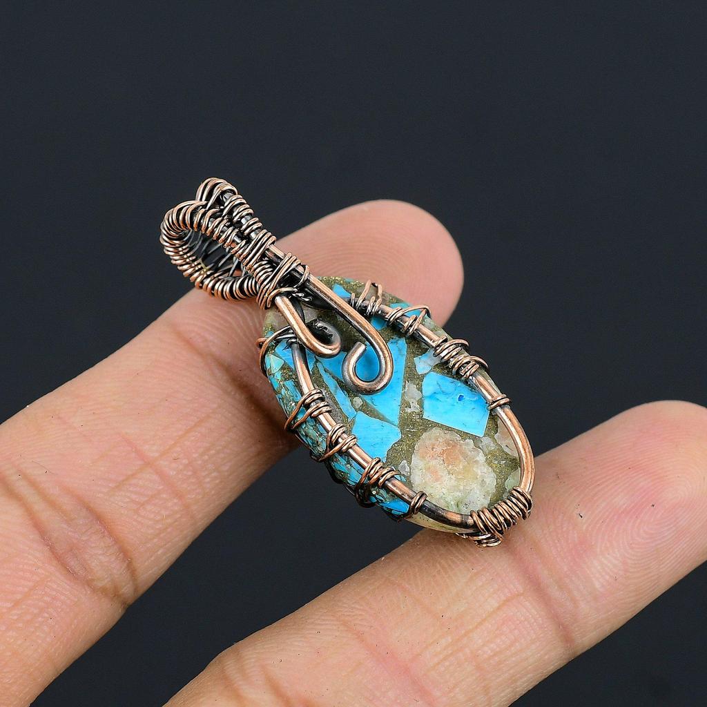 Blue Copper Turquoise Pendant, 999 Copper Wire Wrapped Pendant Handmade Gemstone Jewelry, Gifts For Wife Brand New Pendant