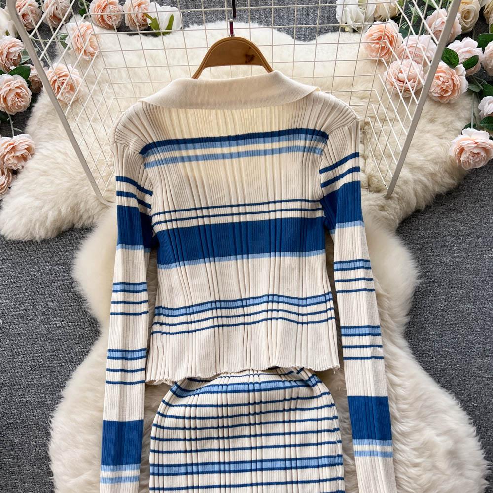 Autumn and Winter Small Fragrant Wind Stripes Collision Color Sexy Lapel Striped Knit Shirt Plus Halter Dress Two-piece