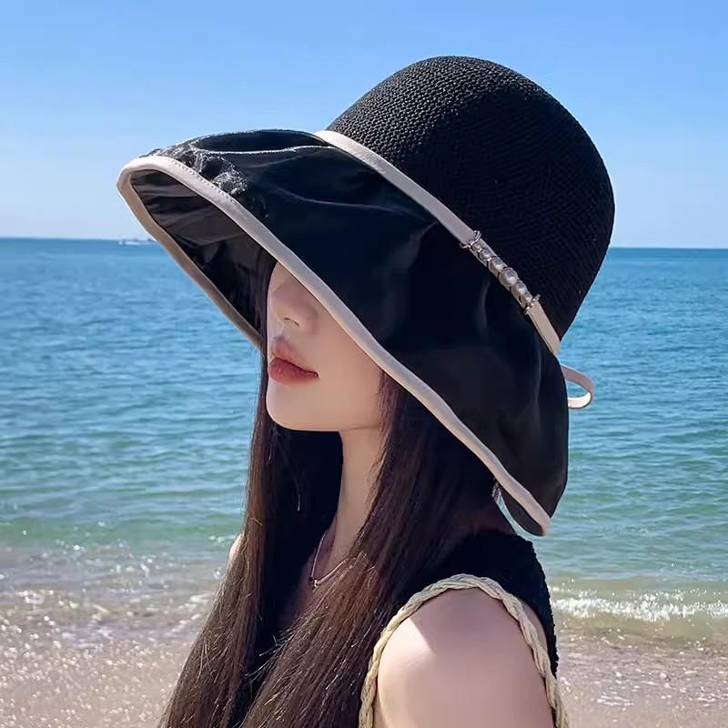 Summer Hat Women Beads Rope Chain Bucket Hat Sunshade Breathable Wide Brim Sun Hat Beach Accessories Sunhats Ladies New