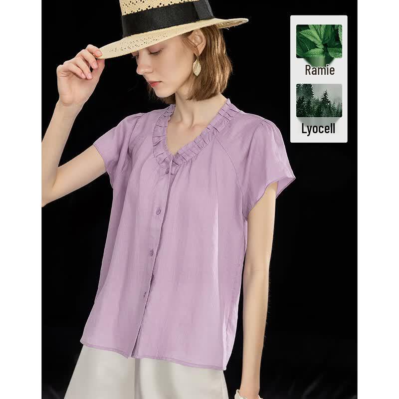 Wudao Summer Tencel Ramie French V-Neck Pleated Shirt XL