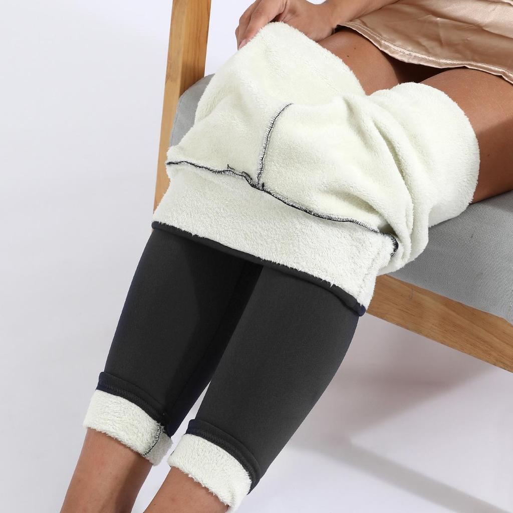 Women's High-Waisted Plus Velvet Lamb Fleece Leggings - Thickened, Plain, Warm, Autumn/Winter