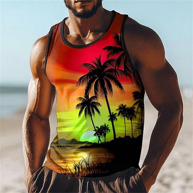 Top de vară pentru bărbați cu palmier și apus, cu imprimeu tropical, fără mâneci, pentru bărbați, vestă, ținute casual de vacanță