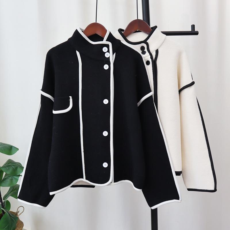 Stand-up Collar Knitted Double-sided Cardigan Autumn and Winter New Contrasting Colors High-end Temperament Sweater Jacket Women