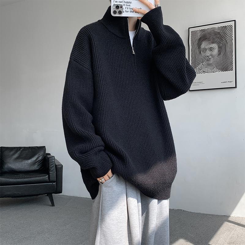 Men's Plus Size Casual Loose Knit Half-Zip High-Neck Pullover Sweater for Autumn and Winter