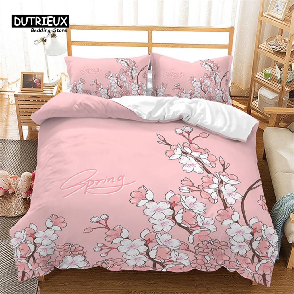 Cherry Blossoms Duvet Cover Japanese Style Petal Floral Bedding Set Pink Flower Comforter Cover 3pcs For Adults Teen Girls Decor
