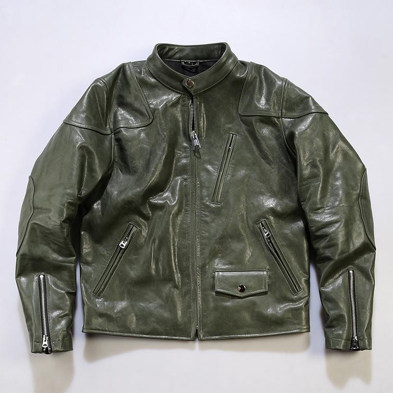 Chaqueta de moto de cuero caqui para hombre - Estilo Venom, cuello alto, piel de vaca