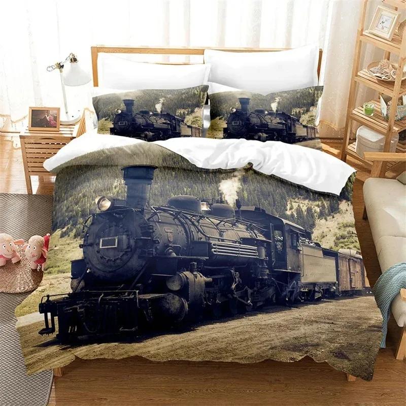 Top New Train Duvet Cover Full Size Boys Steam Engine Bedding Set Microfiber 3D Rail Vehicles Comforter Cover Room Decor
