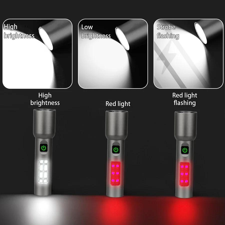 Powerful Portable LED Flashlights USB Rechargeable Flashlight with 6 Modes Red and White Lights Outdoor Camping Emergency Torch