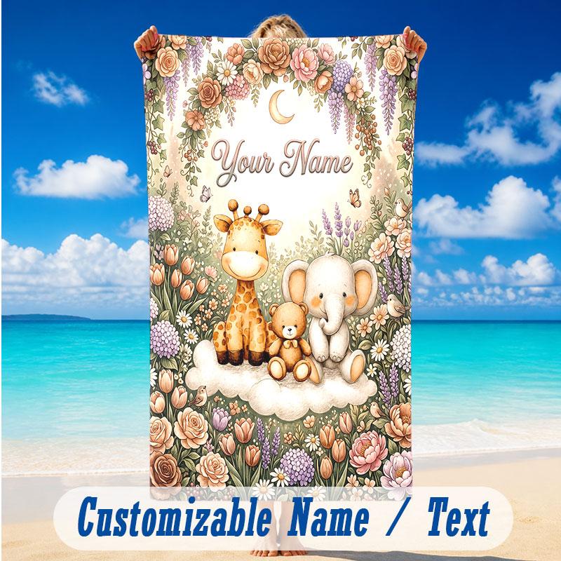 Elephant Theme Beach Towel Personalized Custom Name & Text Soft Quick Dry Beach Towel for Swimming Travel
