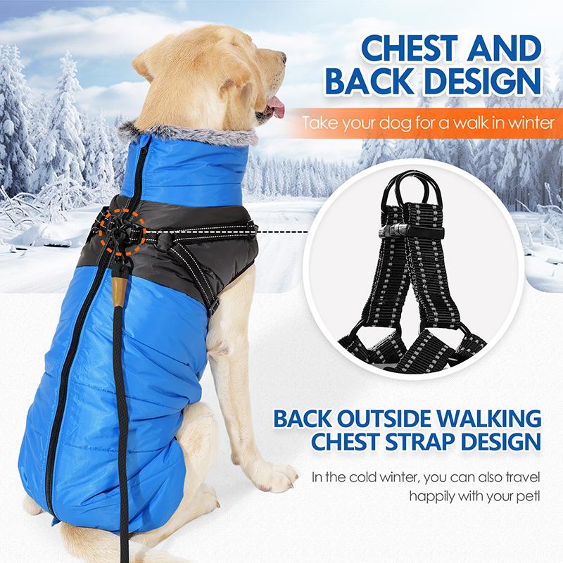 Winter Winddichte Hoher Kragen Flauschige Hundejacke Reflektierend Abschleppbar Outdoor Laufen Haustier Baumwollmantel mit Reißverschluss Designer Hundekleidung