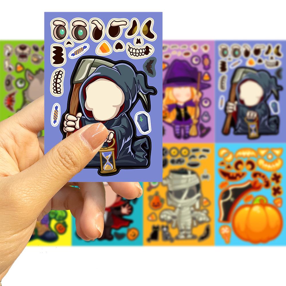 8 Blatt Halloween Kinder DIY Puzzle Aufkleber Spiele Einhorn Gesicht Machen Lustig Zusammenbauen Puzzles Aufkleber Kinder Lernspielzeug