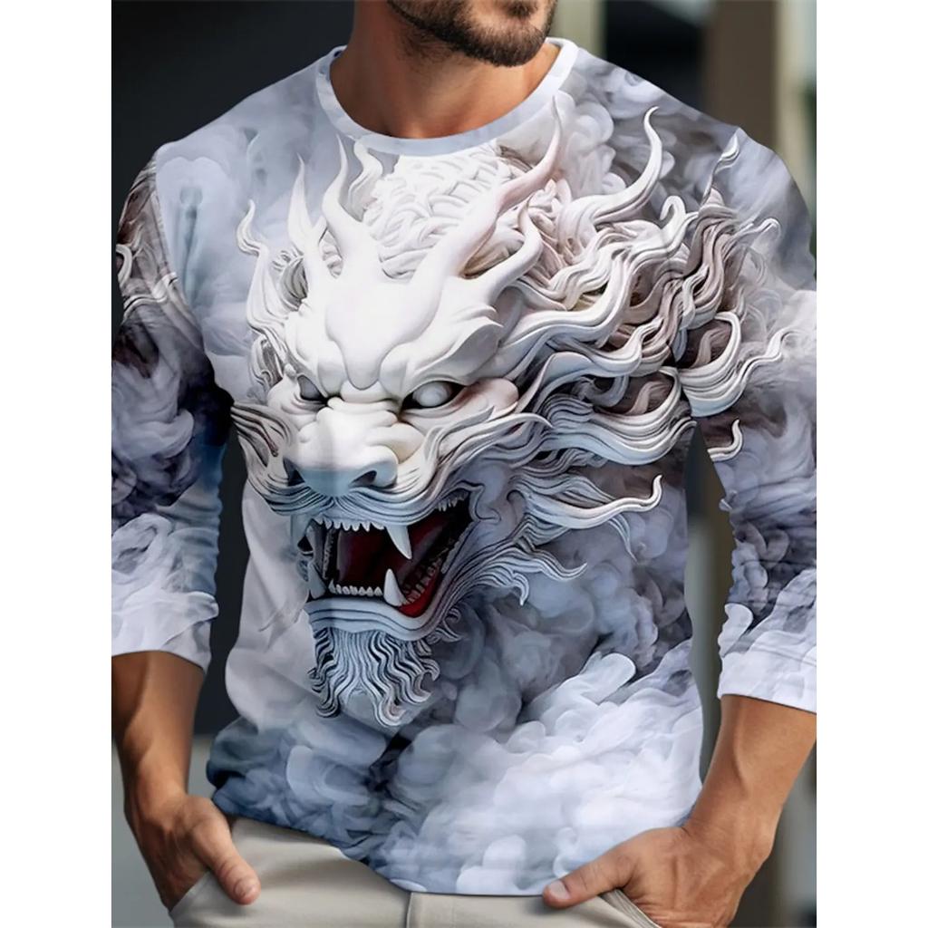 Spring and Autumn Round Neck 3D Dragon Pattern Printed Top Fashionable Casual Long Sleeved Men's T-shirts