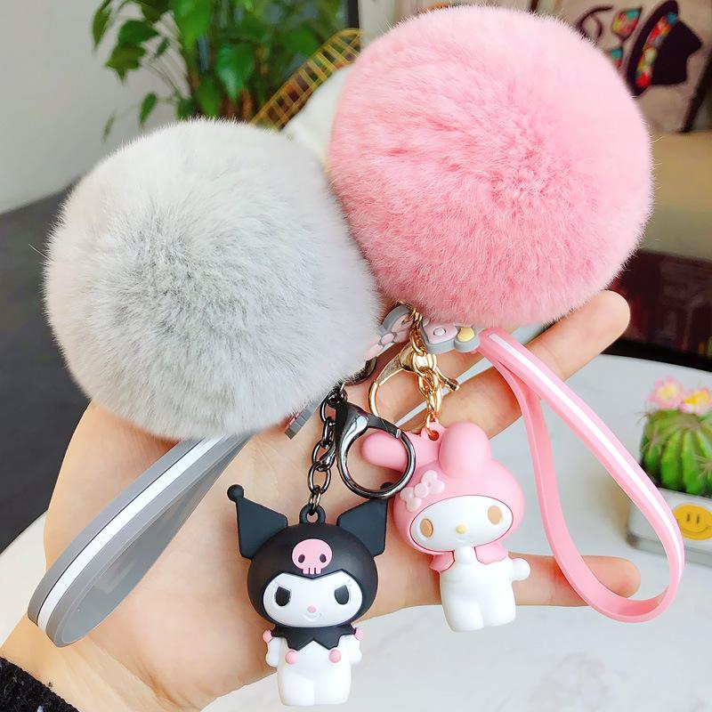Sanrio Hello Kitty Kuromi Melody Cinnamoroll Adorable Keychains with Soft Rabbit Fur Ball Women Girl Bag Pendant Keyring Presents