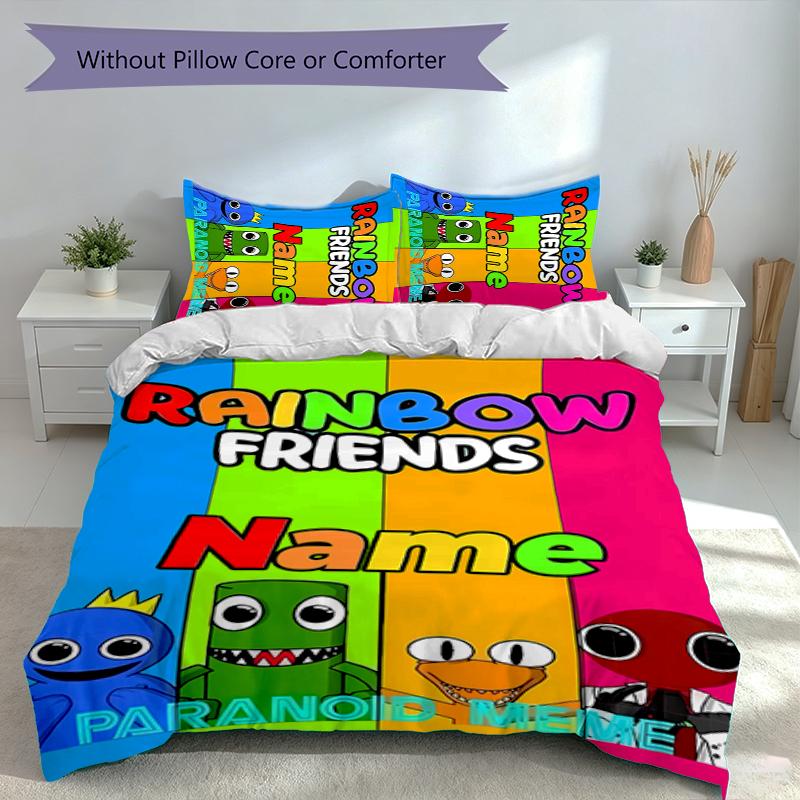 3pcs Custom Name Rainbow Friends Bedding Set,Includes 1 Duvet Cover and 2 Pillowcases,All-season Bedroom Decor