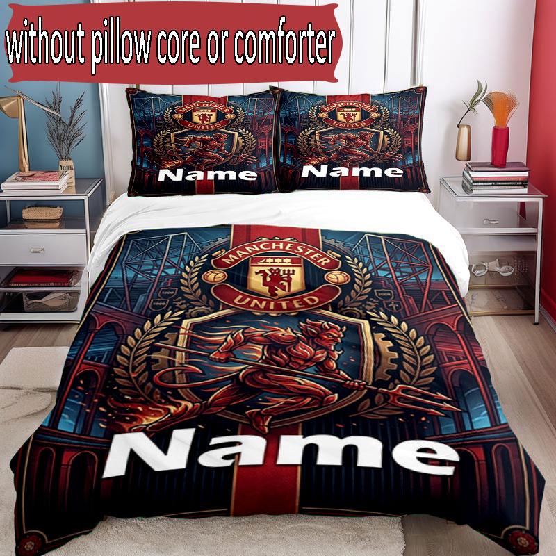 3pcs Duvet Cover Set (1*Duvet Cover + 2*Pillowcase, Without Core), Custom Name Manchester United Pattern Bedding Set, Home Bedroom Decor Gift